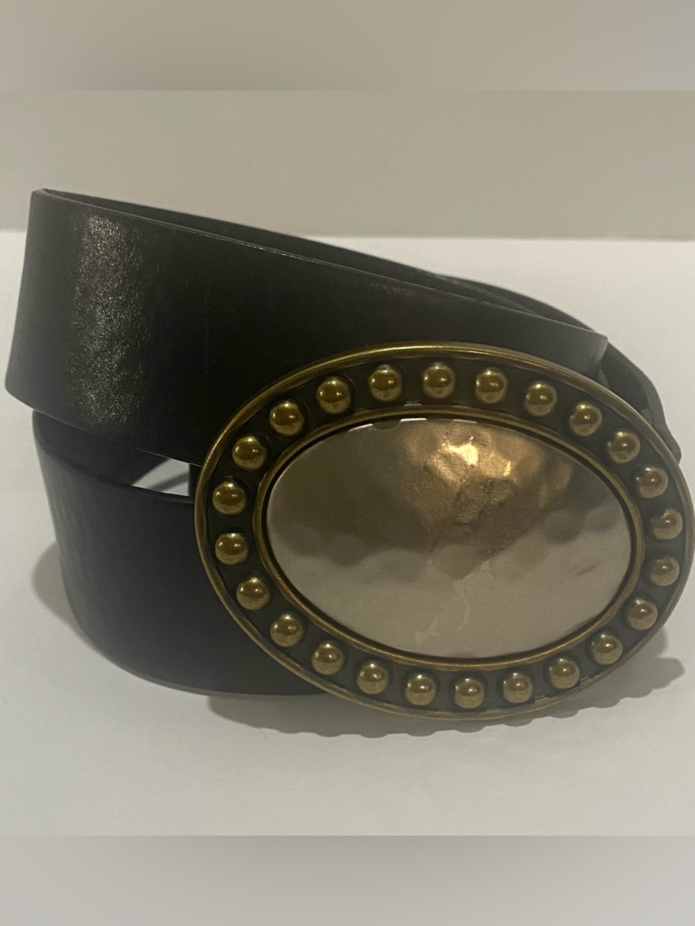 Fossil Womens Black Genuine Leather Belt Small Brass & Hammered Silver Buckle